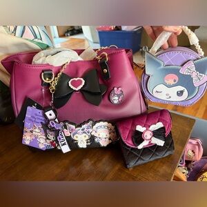 Sanrio-Inspired Girls Shoulder Bag Set in Magenta and Black